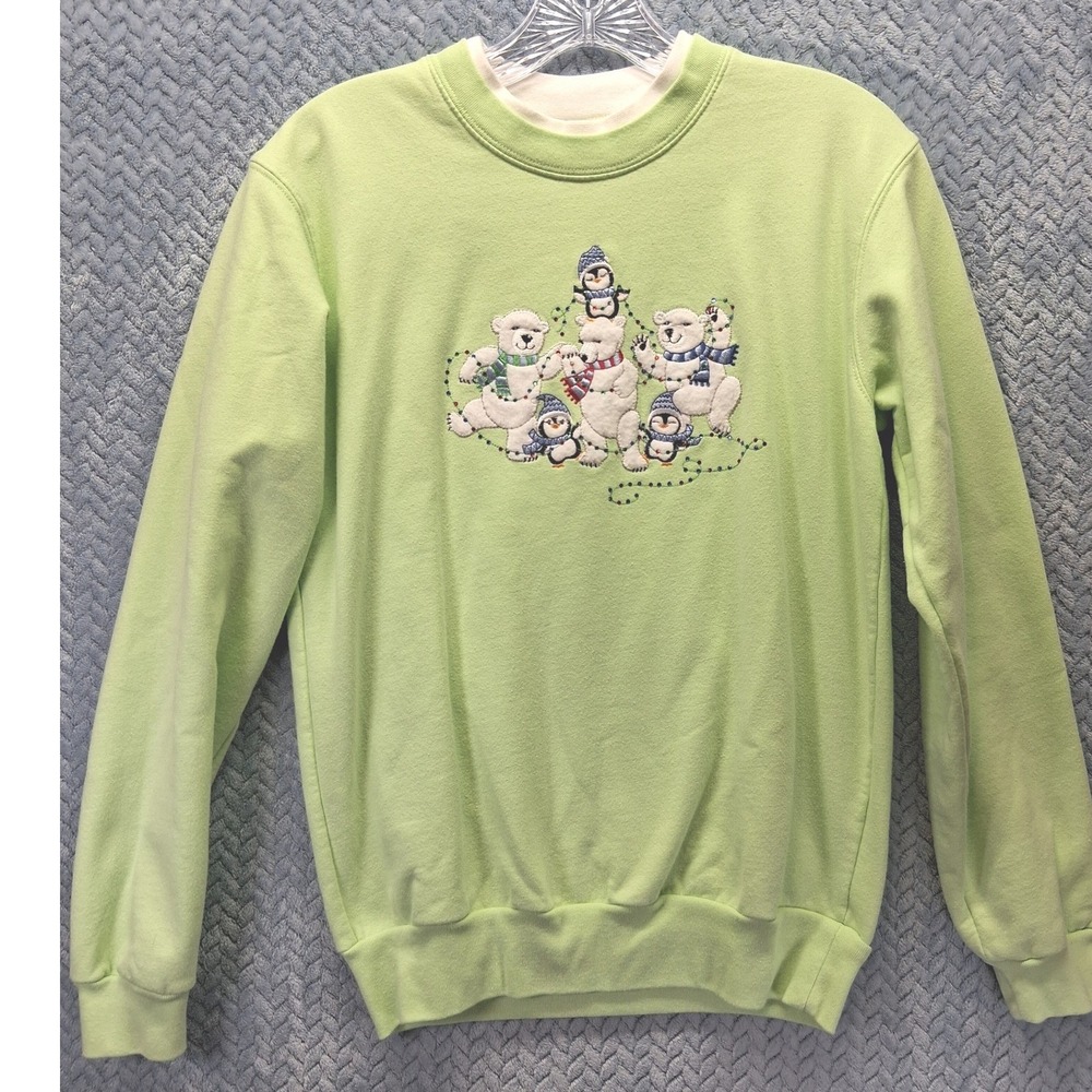 Morning Sun Polar Bear Penguin Christmas Sweatshirt Lime Green Small Holiday